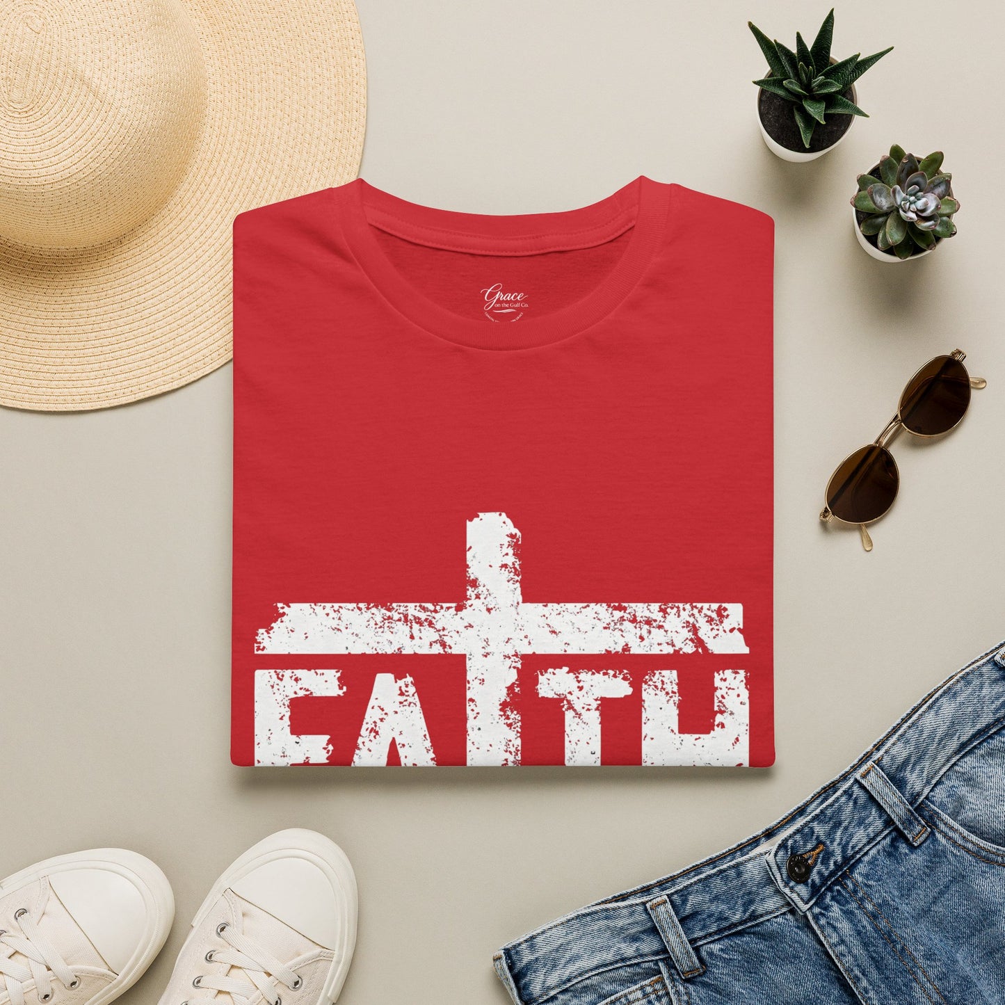 Faith White Cross Fade T-Shirt — Subtle Distressed Cross Graphic