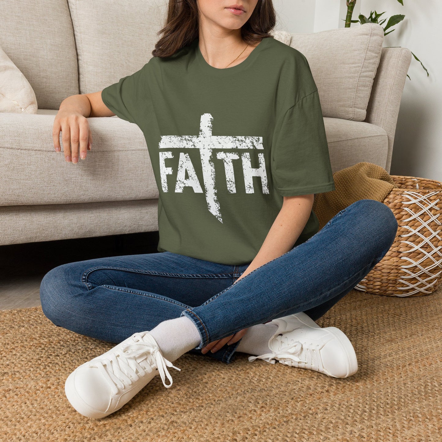 Faith White Cross Fade T-Shirt — Subtle Distressed Cross Graphic