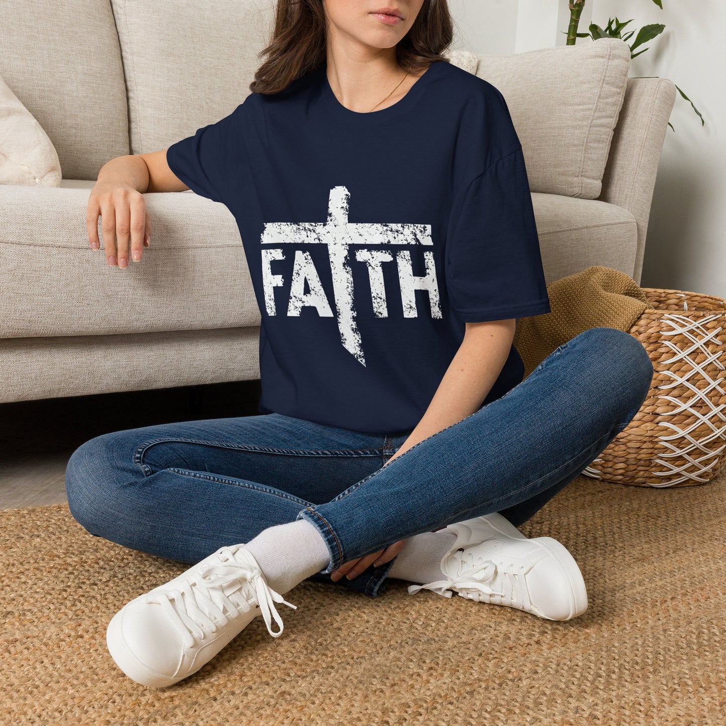 Faith White Cross Fade T-Shirt — Subtle Distressed Cross Graphic