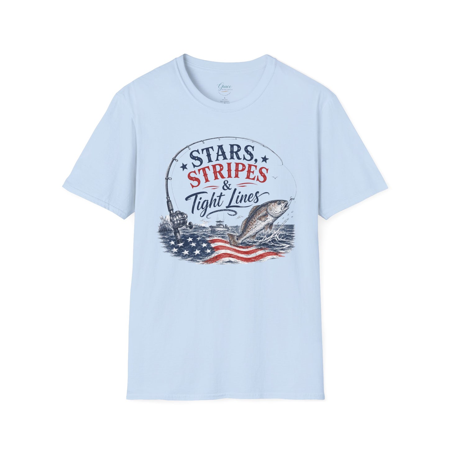 Patriotic Fishing T-Shirt — "Stars, Stripes & Tight Lines" Graphic Tee