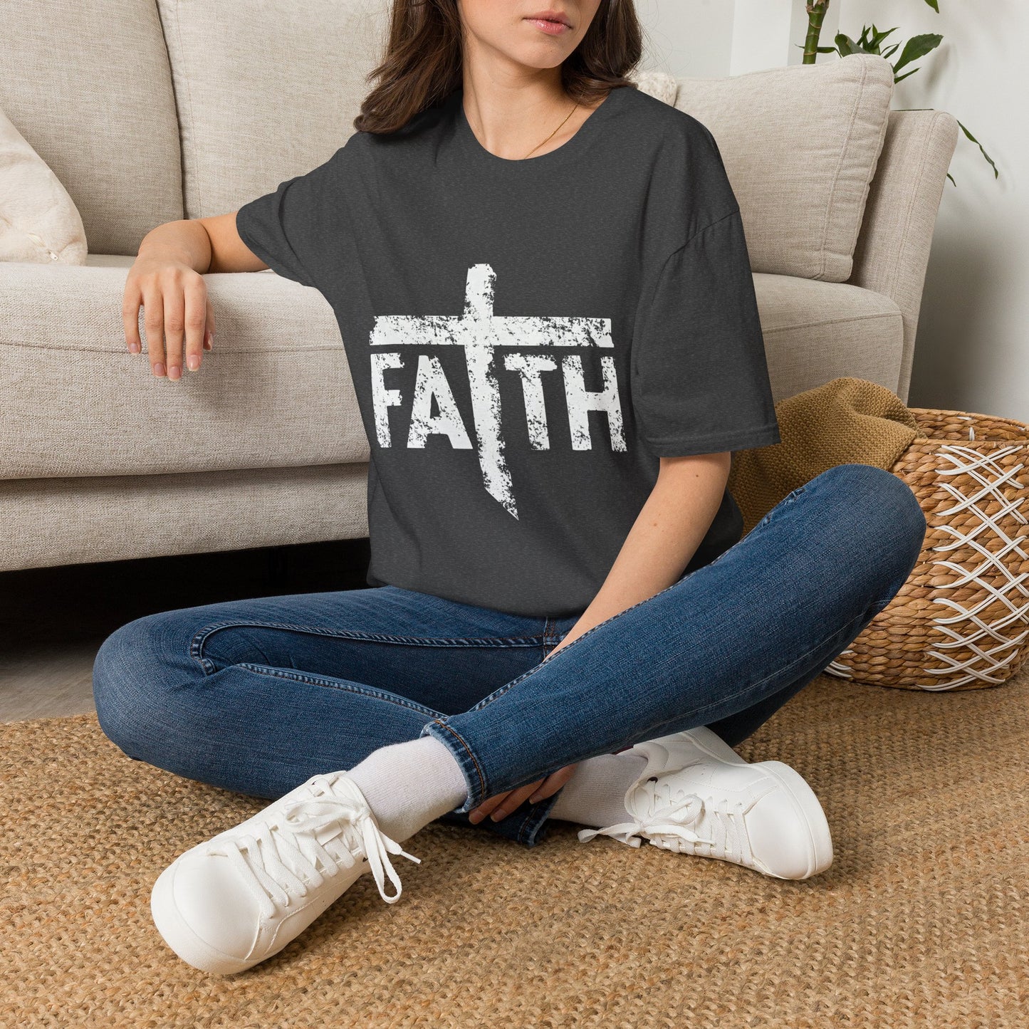 Faith White Cross Fade T-Shirt — Subtle Distressed Cross Graphic