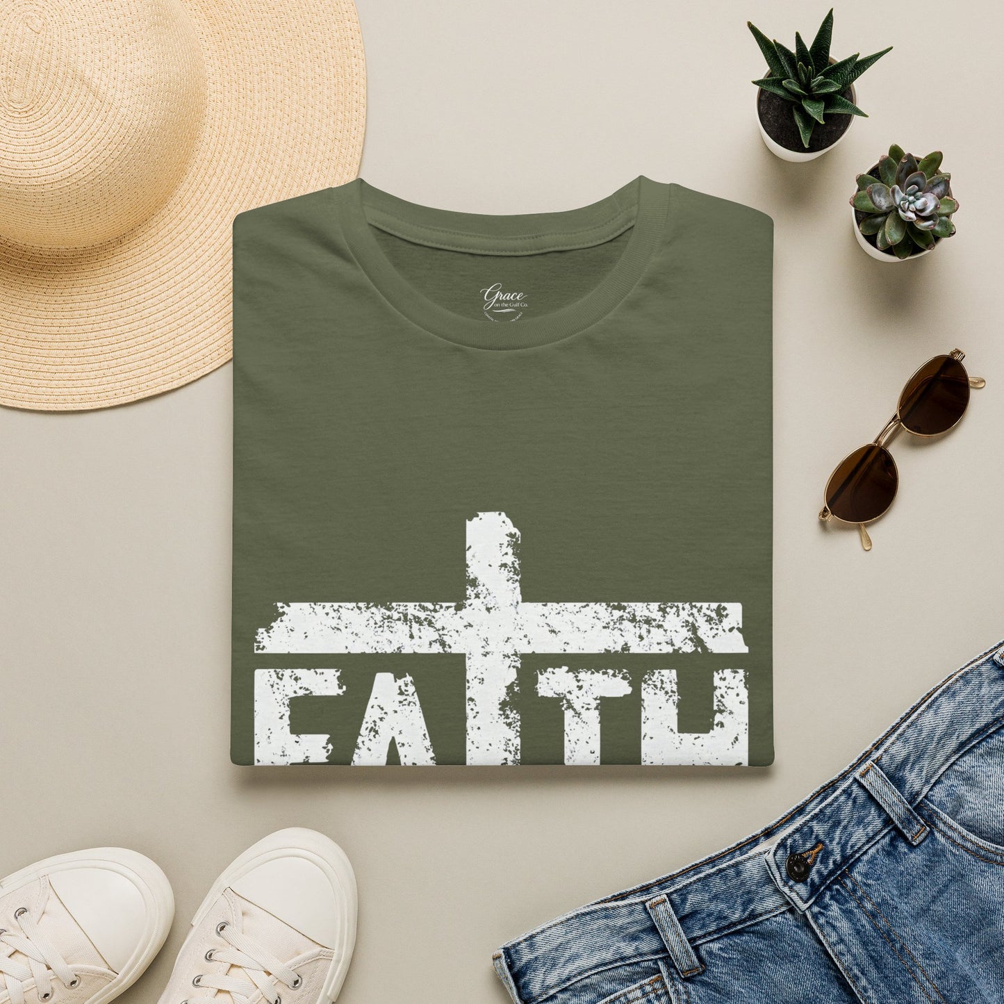 Faith White Cross Fade T-Shirt — Subtle Distressed Cross Graphic