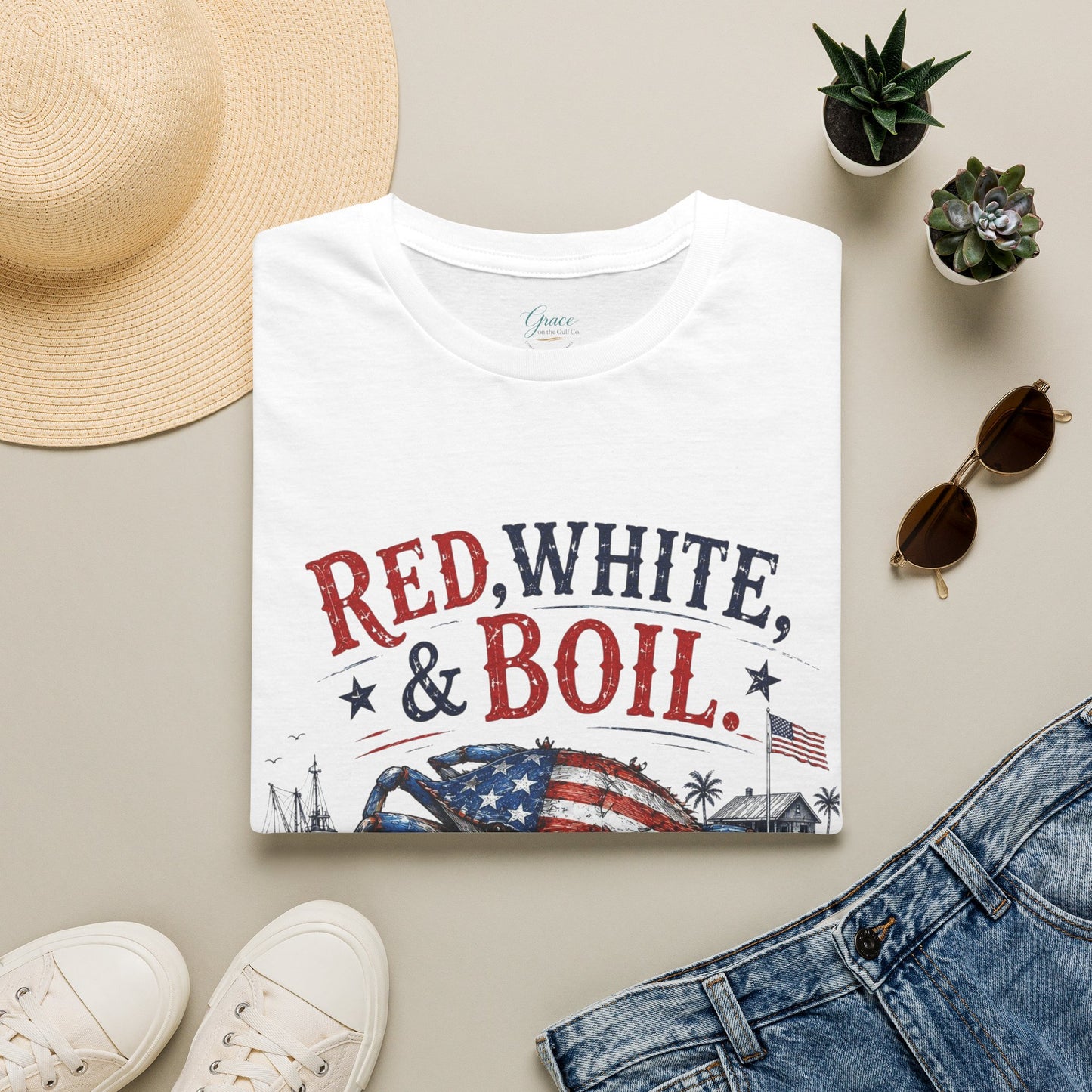Red, White & Boil Crab Boil T-Shirt — 4th of July Seafood BBQ Tee