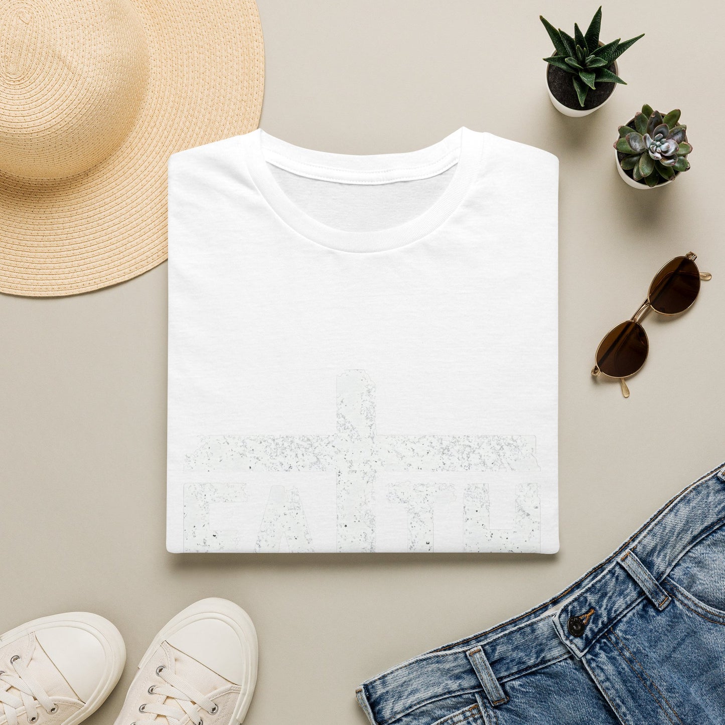 Faith White Cross Fade T-Shirt — Subtle Distressed Cross Graphic