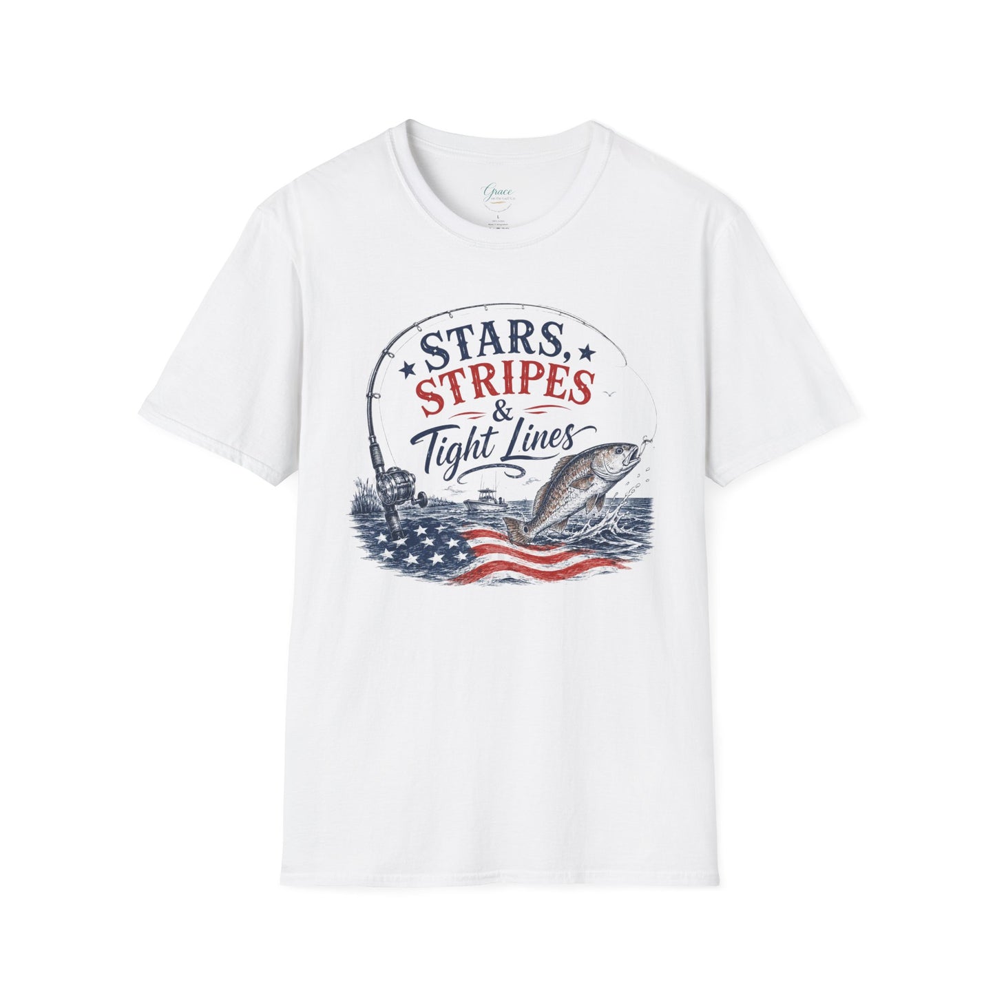 Patriotic Fishing T-Shirt — "Stars, Stripes & Tight Lines" Graphic Tee