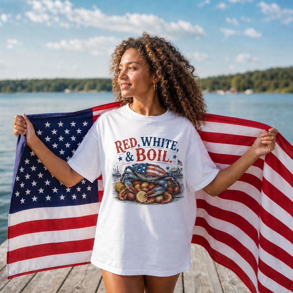 Red, White & Boil Crab Boil T-Shirt — 4th of July Seafood BBQ Tee