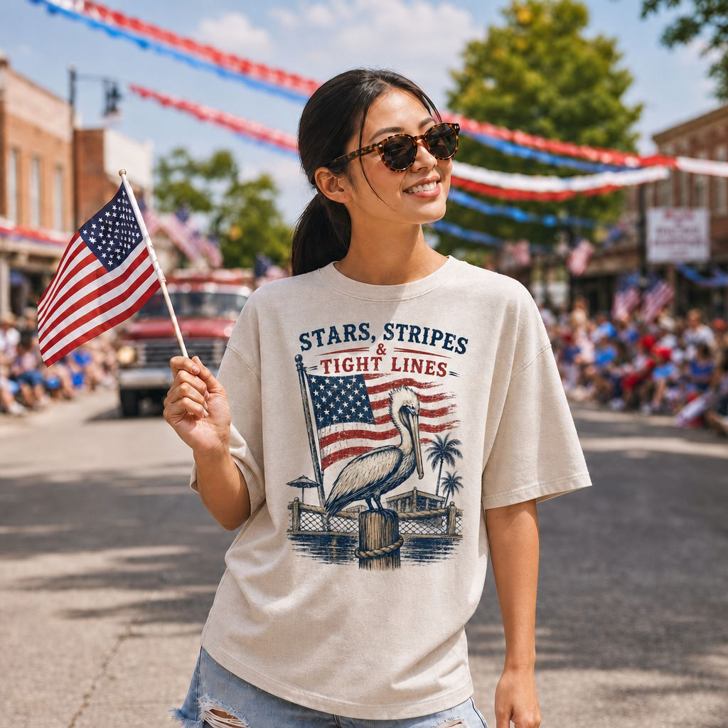Patriotic Fishing T-Shirt — "Stars, Stripes & Tight Lines" Graphic Tee