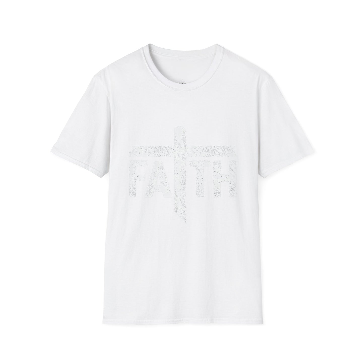 Faith White Cross Fade T-Shirt — Subtle Distressed Cross Graphic