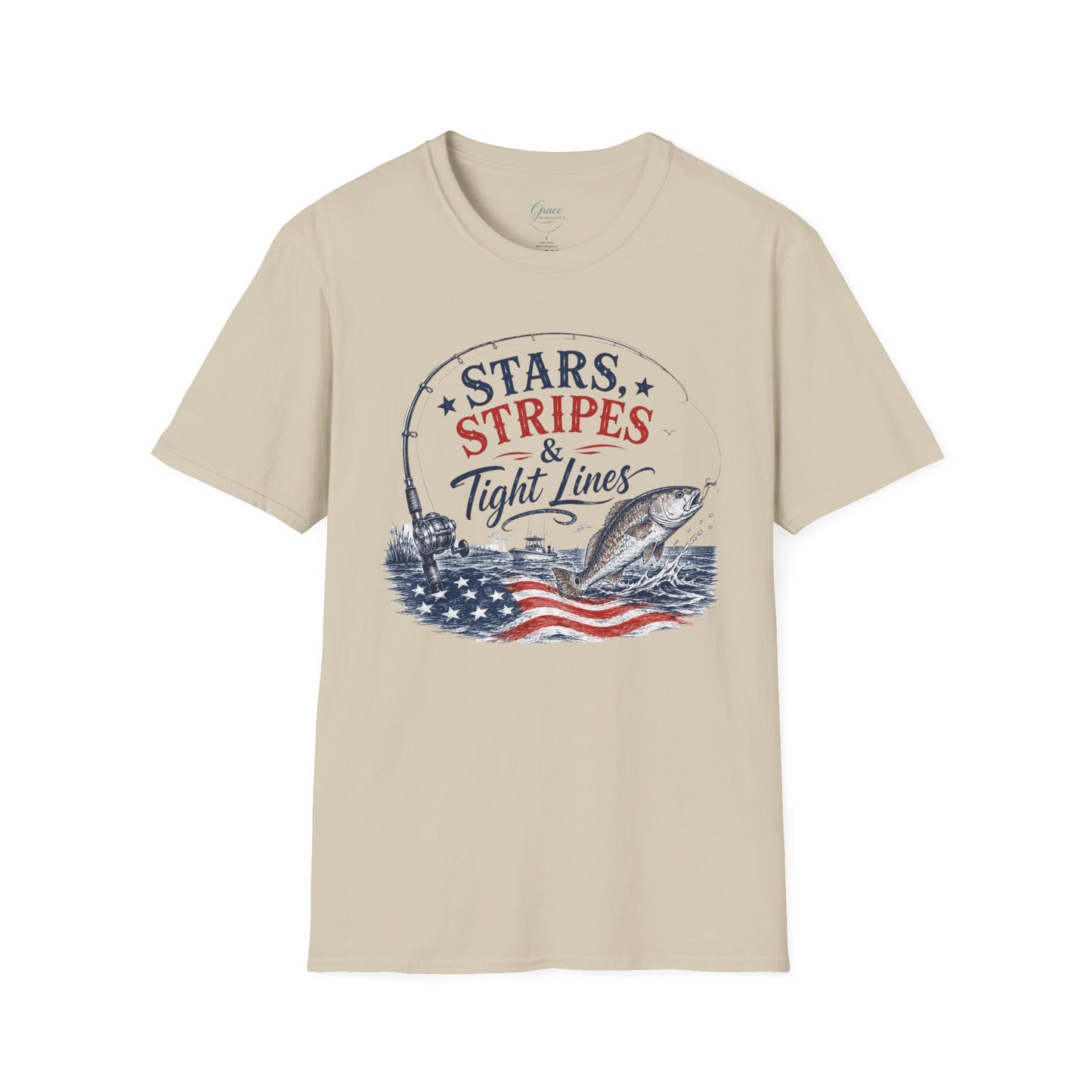 Patriotic Fishing T-Shirt — "Stars, Stripes & Tight Lines" Graphic Tee