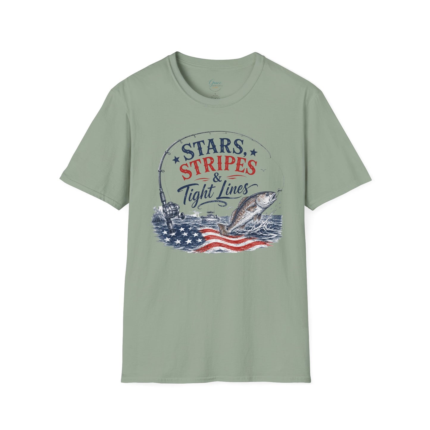 Patriotic Fishing T-Shirt — "Stars, Stripes & Tight Lines" Graphic Tee