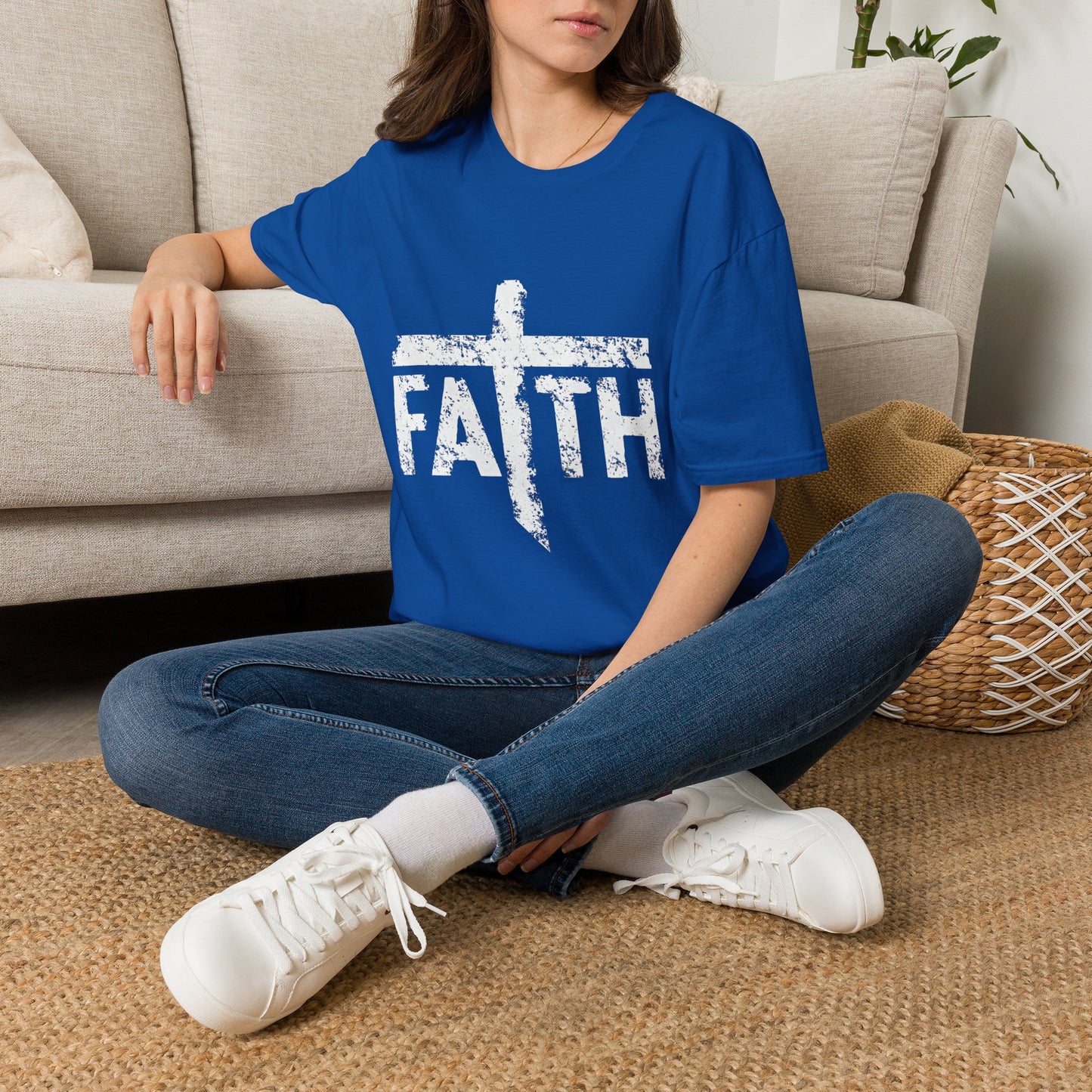Faith White Cross Fade T-Shirt — Subtle Distressed Cross Graphic