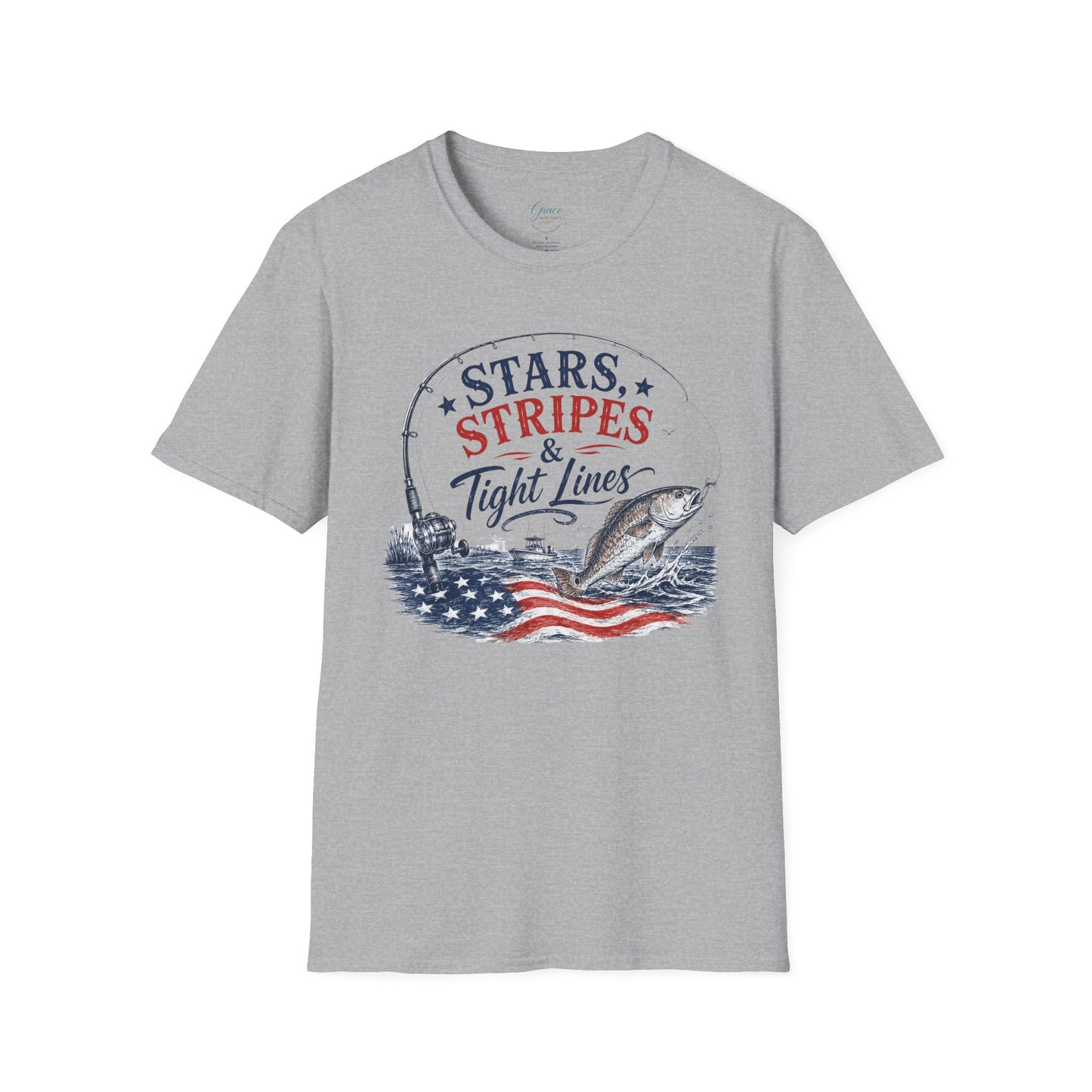 Patriotic Fishing T-Shirt — "Stars, Stripes & Tight Lines" Graphic Tee