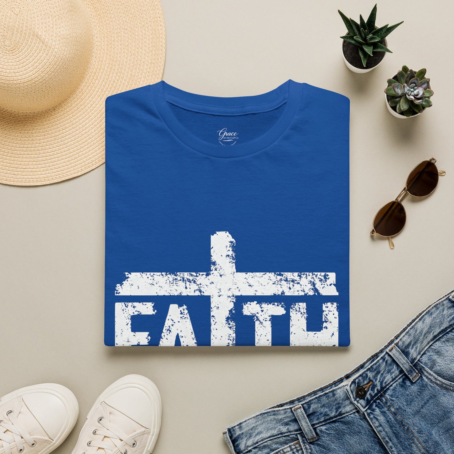 Faith White Cross Fade T-Shirt — Subtle Distressed Cross Graphic